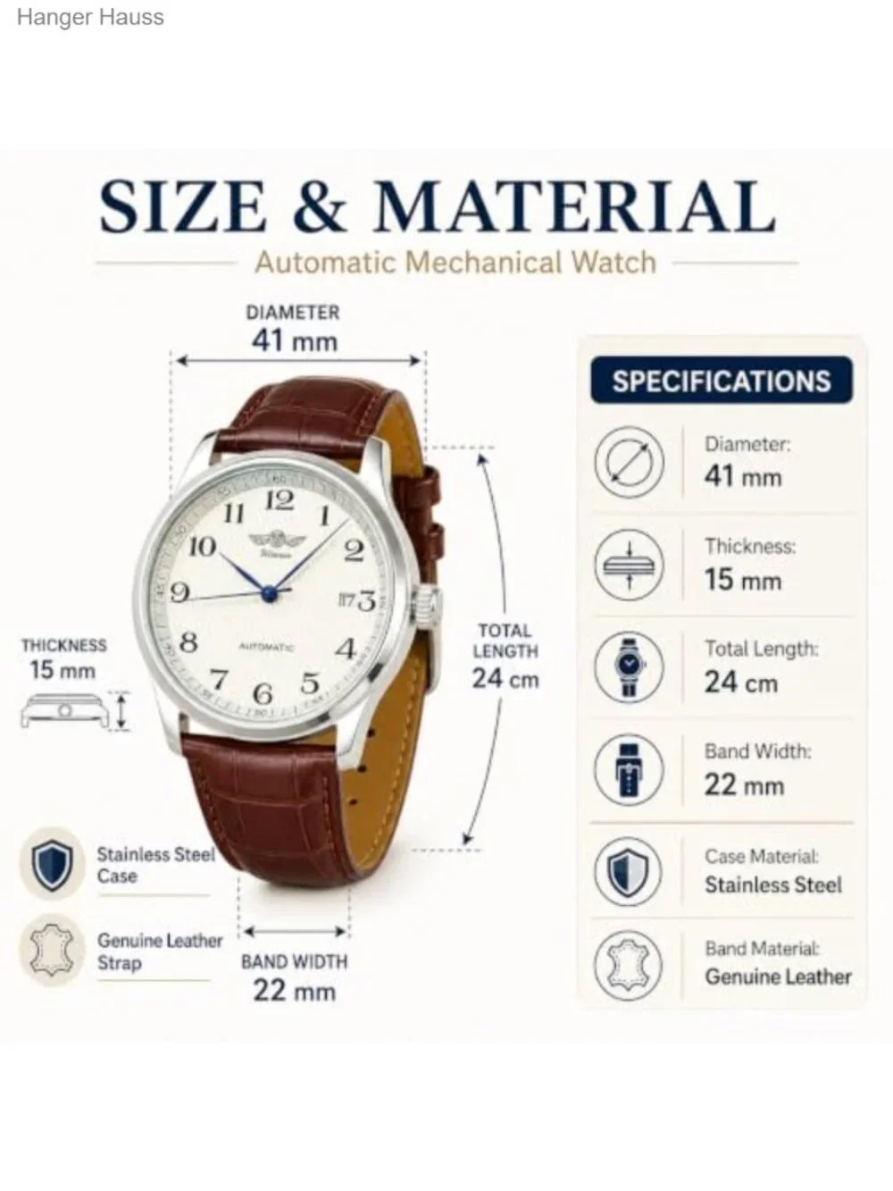 Men's Automatic Mechanical Watch - Leather Band, Day Calendar, Waterproof